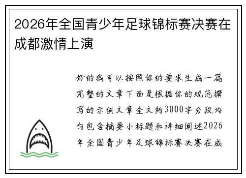 2026年全国青少年足球锦标赛决赛在成都激情上演