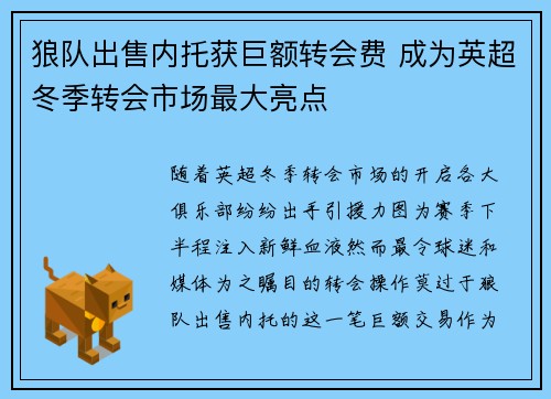 狼队出售内托获巨额转会费 成为英超冬季转会市场最大亮点